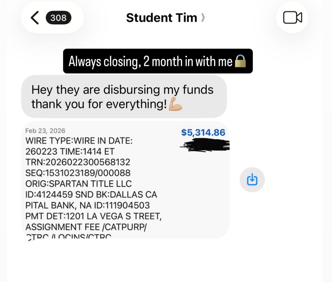 $5,314 wire from title company
